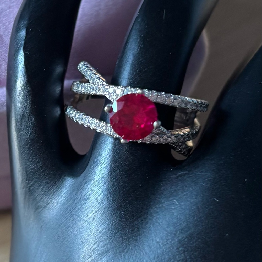 Ruby Red Moissanite Sterling Silver Crossover Ring - image 8